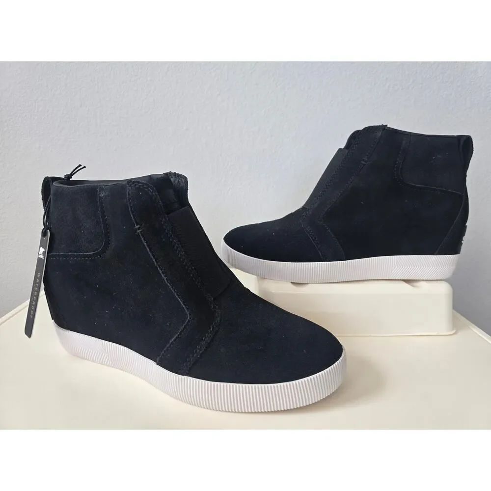 Sorel Waterproof Black Suede Wedge Sneaker Boot 8.5 NWT Fall Athleisure Travel
